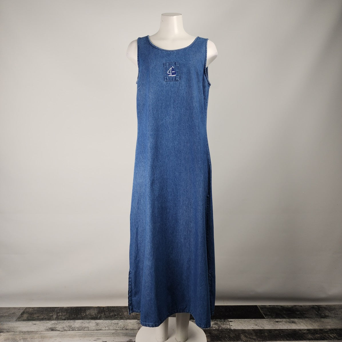 Vintage Compliments Blue Cotton Denim Nautical Embroidered Maxi Dress Size L