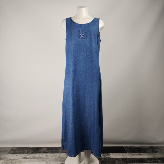 Vintage Compliments Blue Cotton Denim Nautical Embroidered Maxi Dress Size L