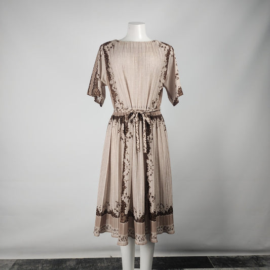 Vintage Brown Pleated Floral Midi Dress Size M