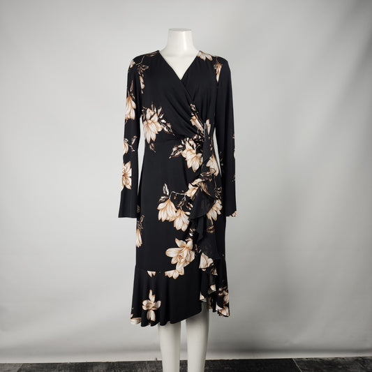 Joseph Ribkoff Black Floral Faux Wrap Midi Dress Size 14