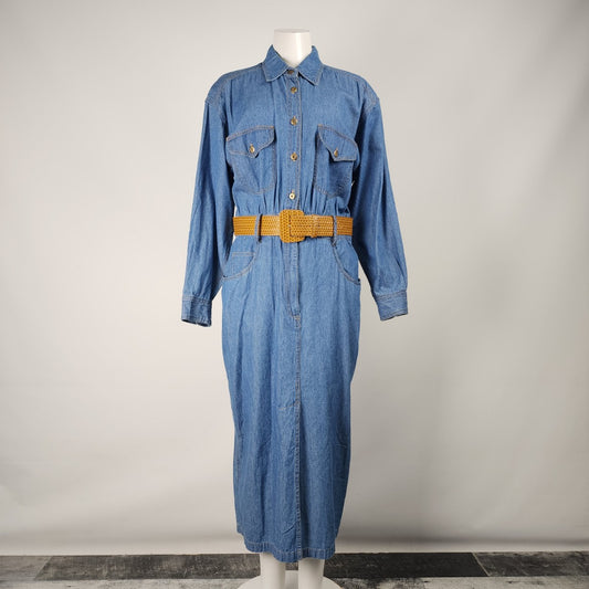 Vintage Blue Denim Button Up Brown Belted Long Dress Size 6