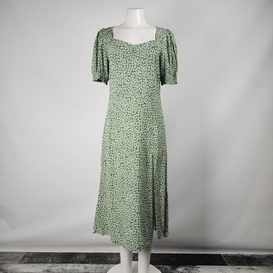 H&M Green Floral Puff Sleeve Midi Dress Size L