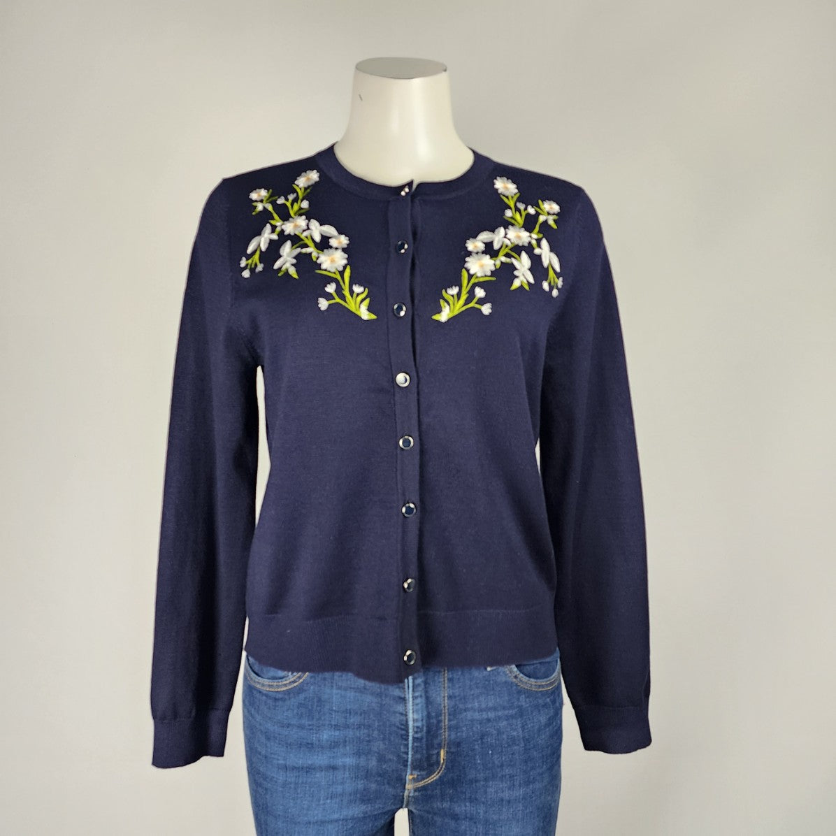 Navy Blue Floral Embroidered Button Up Knit Cardigan Size M