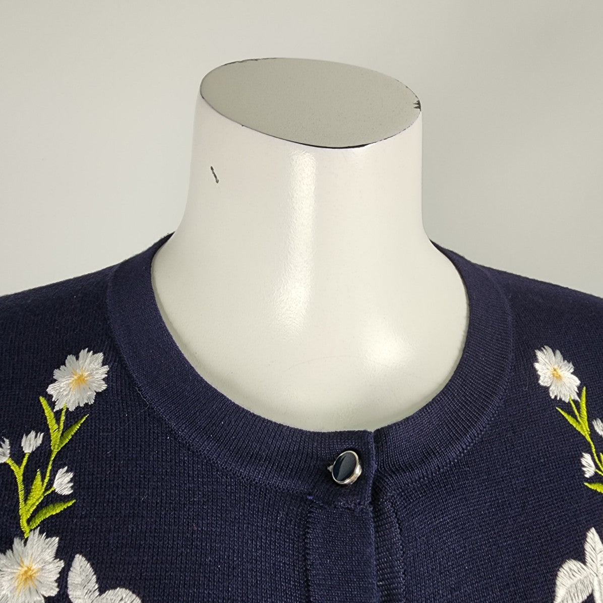 Navy Blue Floral Embroidered Button Up Knit Cardigan Size M