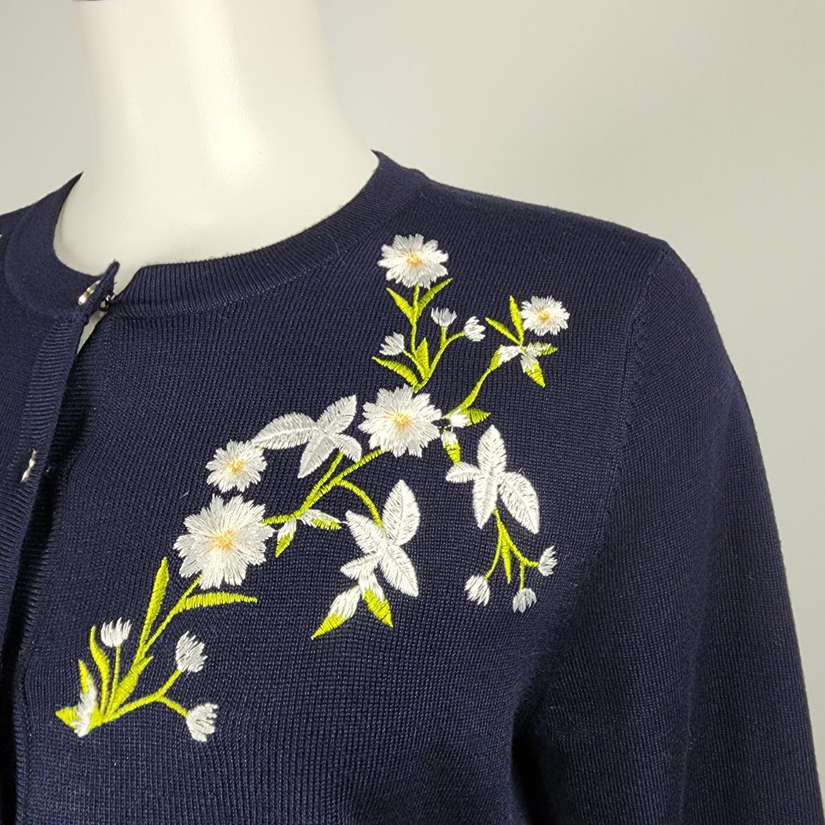 Navy Blue Floral Embroidered Button Up Knit Cardigan Size M