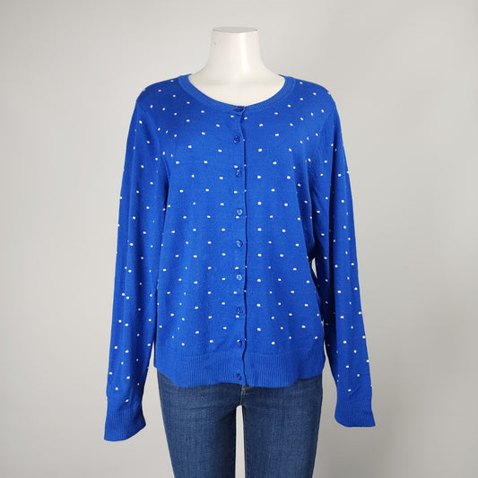 Blue Polka Dot Knit Button Up Cardigan Size L