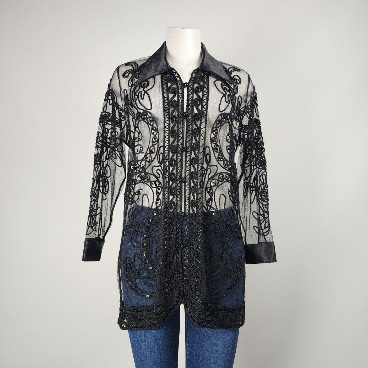 Melanie Lyne Black Embroidered Button Up Long Line Jacket Size M