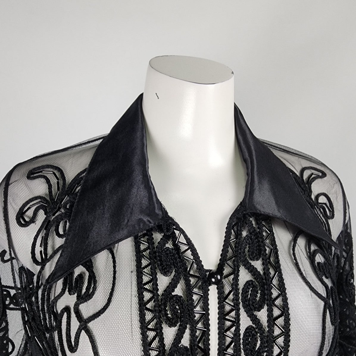 Melanie Lyne Black Embroidered Button Up Long Line Jacket Size M