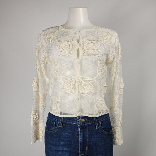 Vintage Emblem Cream Embroidered Sheer Button Up Cardigan Size S