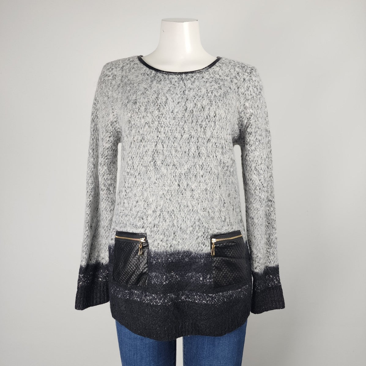 Orly Grey Knit Vegan Leather Trimmed Sweater Size M