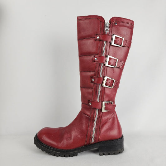 Vintage 90s Killah Red Leather Chunky Heel Boots Size 8.5