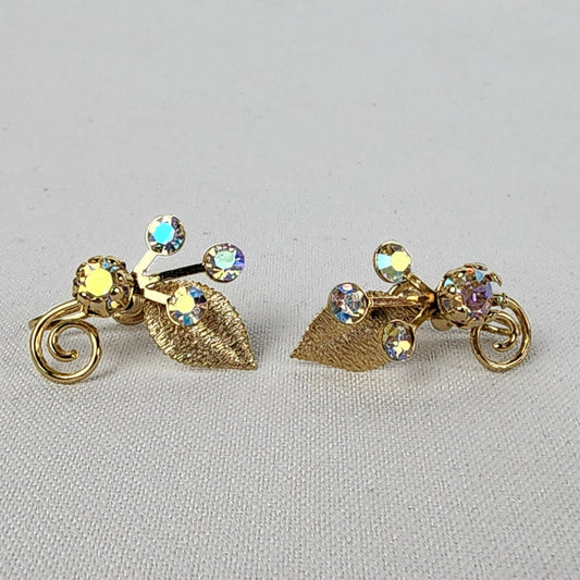 Vintage Gold Tone AB Rhinestone Screw Back Earrings