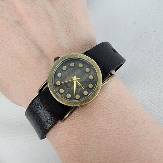 Geneva Black Leather Bronze Tone Round Watch