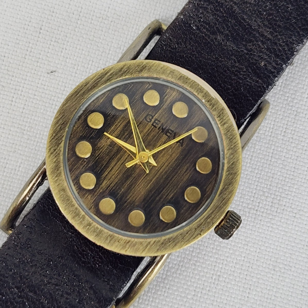 Geneva Black Leather Bronze Tone Round Watch