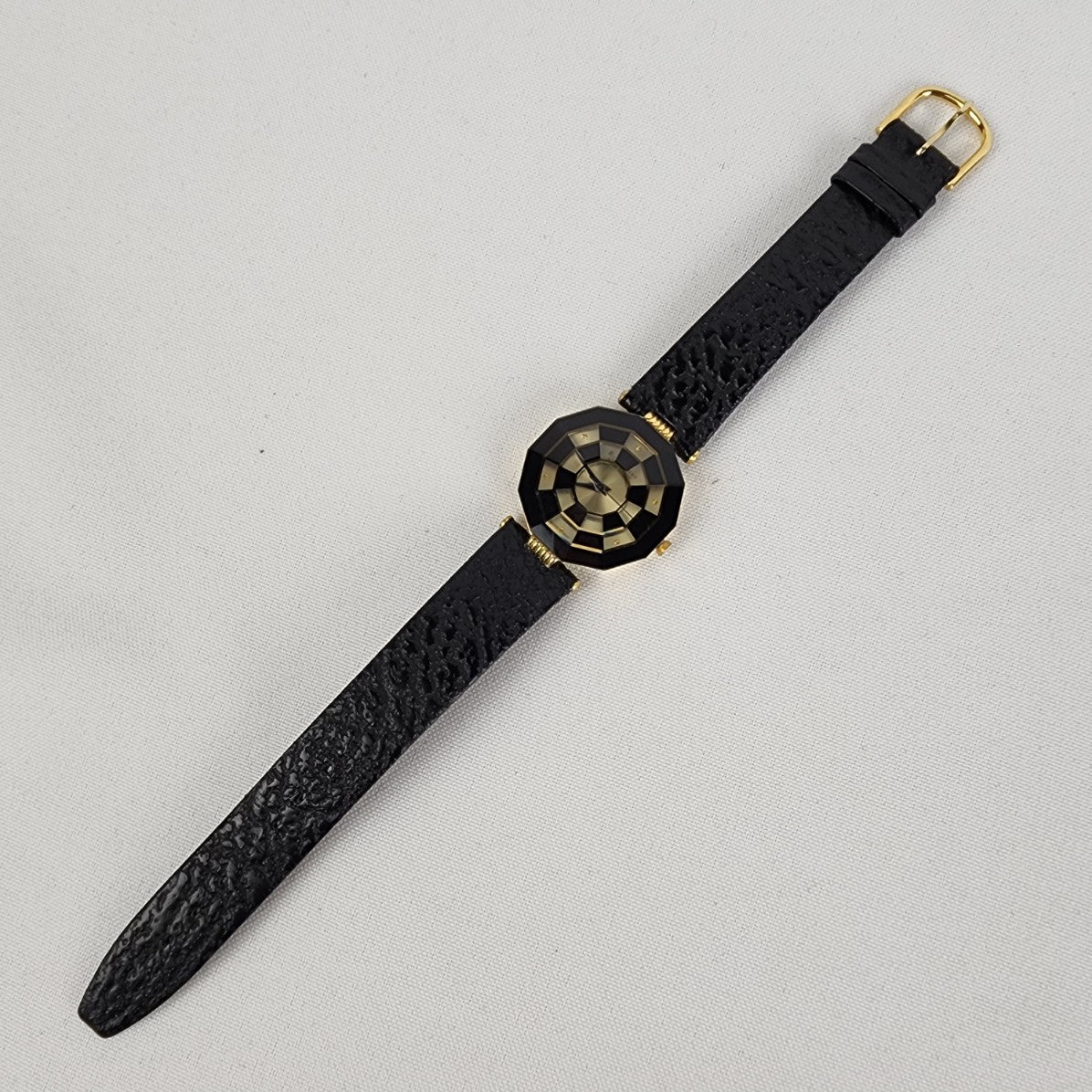 Vintage Roven Dino Paris Gold & Black Leather Strap Watch