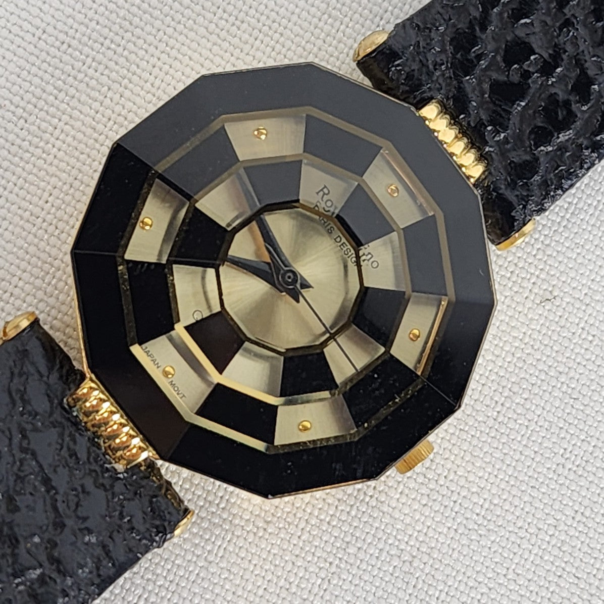 Vintage Roven Dino Paris Gold & Black Leather Strap Watch