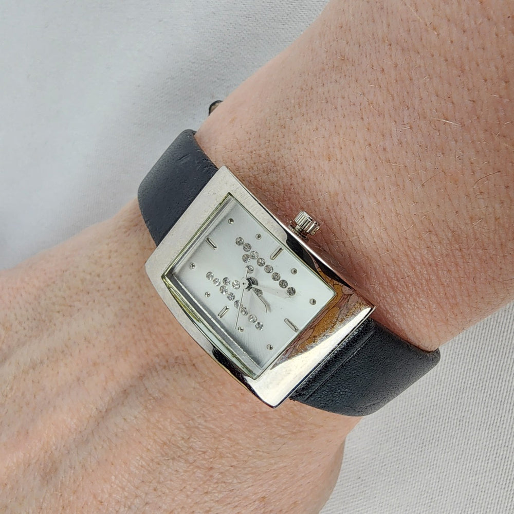 Black Leather Silver Rhinestone M Watch