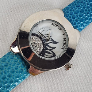 Mirus Blue Leather Band Silver Sunflower Watch
