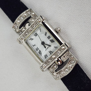 Quartz Silver & Rhinestone Black Band Watch