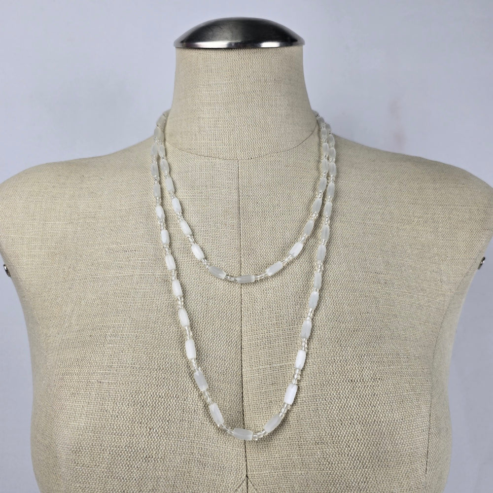 Vintage Glass White Beaded Long Necklace