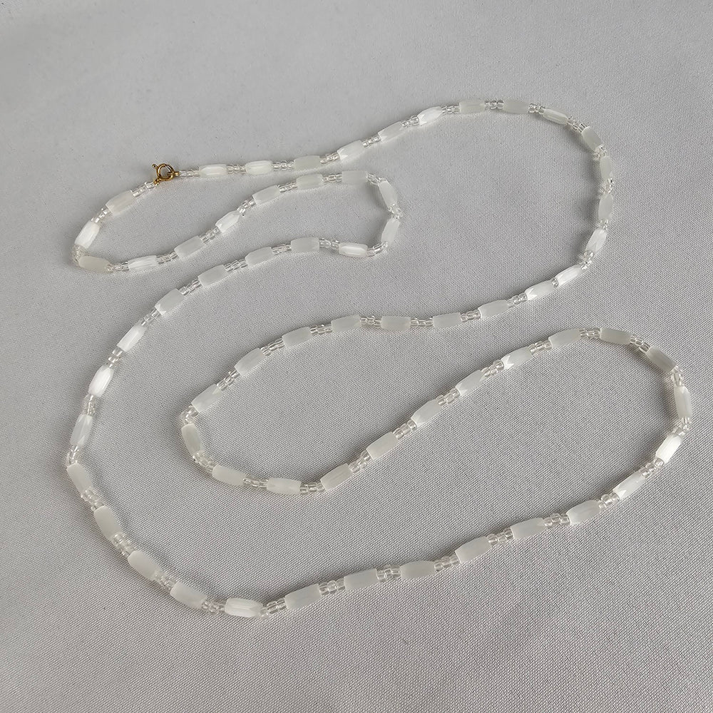 Vintage Glass White Beaded Long Necklace
