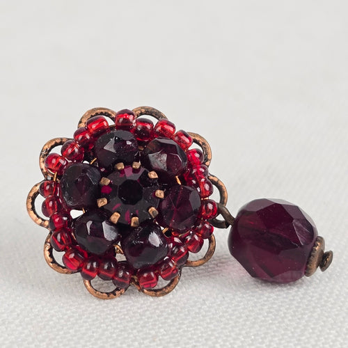 Vintage Red Beaded Flower Drop Earrings
