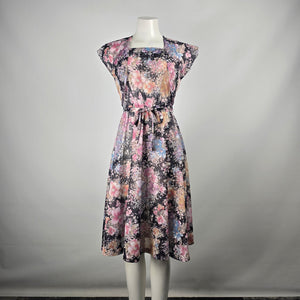 Vintage Black Floral Fit & Flare Dress & Cardigan Size XS