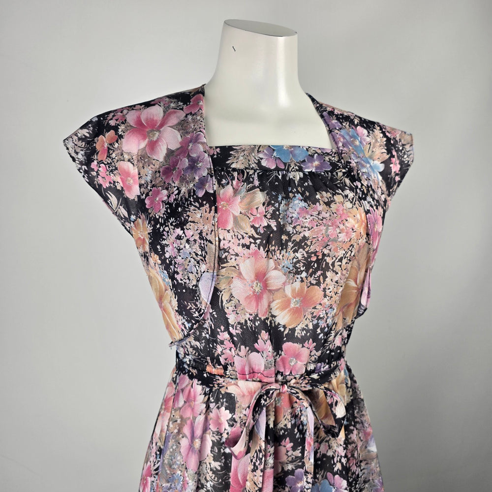 Vintage Black Floral Fit & Flare Dress & Cardigan Size XS