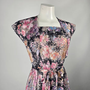 Vintage Black Floral Fit & Flare Dress & Cardigan Size XS