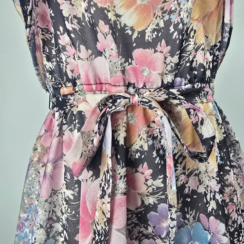 Vintage Black Floral Fit & Flare Dress & Cardigan Size XS