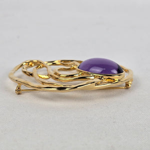 Vintage Gold Tone Purple Glass Oversize Brooch