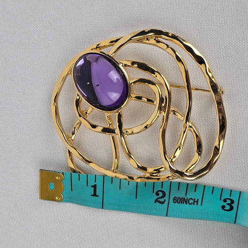 Vintage Gold Tone Purple Glass Oversize Brooch
