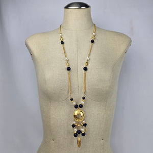 Vintage Gold Tone Navy Beaded Tassel Pendant Long Necklace & Earring Set