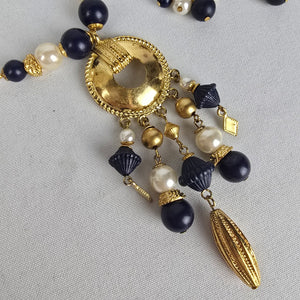 Vintage Gold Tone Navy Beaded Tassel Pendant Long Necklace & Earring Set