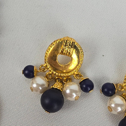 Vintage Gold Tone Navy Beaded Tassel Pendant Long Necklace & Earring Set