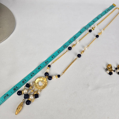 Vintage Gold Tone Navy Beaded Tassel Pendant Long Necklace & Earring Set