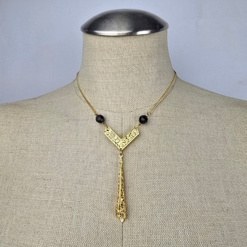 Vintage Gold Tone Black Beaded Y Necklace & Earring Set