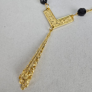 Vintage Gold Tone Black Beaded Y Necklace & Earring Set