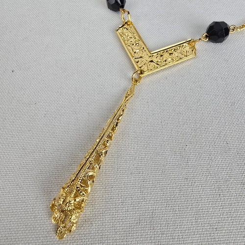 Vintage Gold Tone Black Beaded Y Necklace & Earring Set