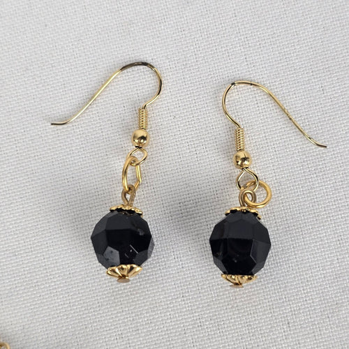 Vintage Gold Tone Black Beaded Y Necklace & Earring Set
