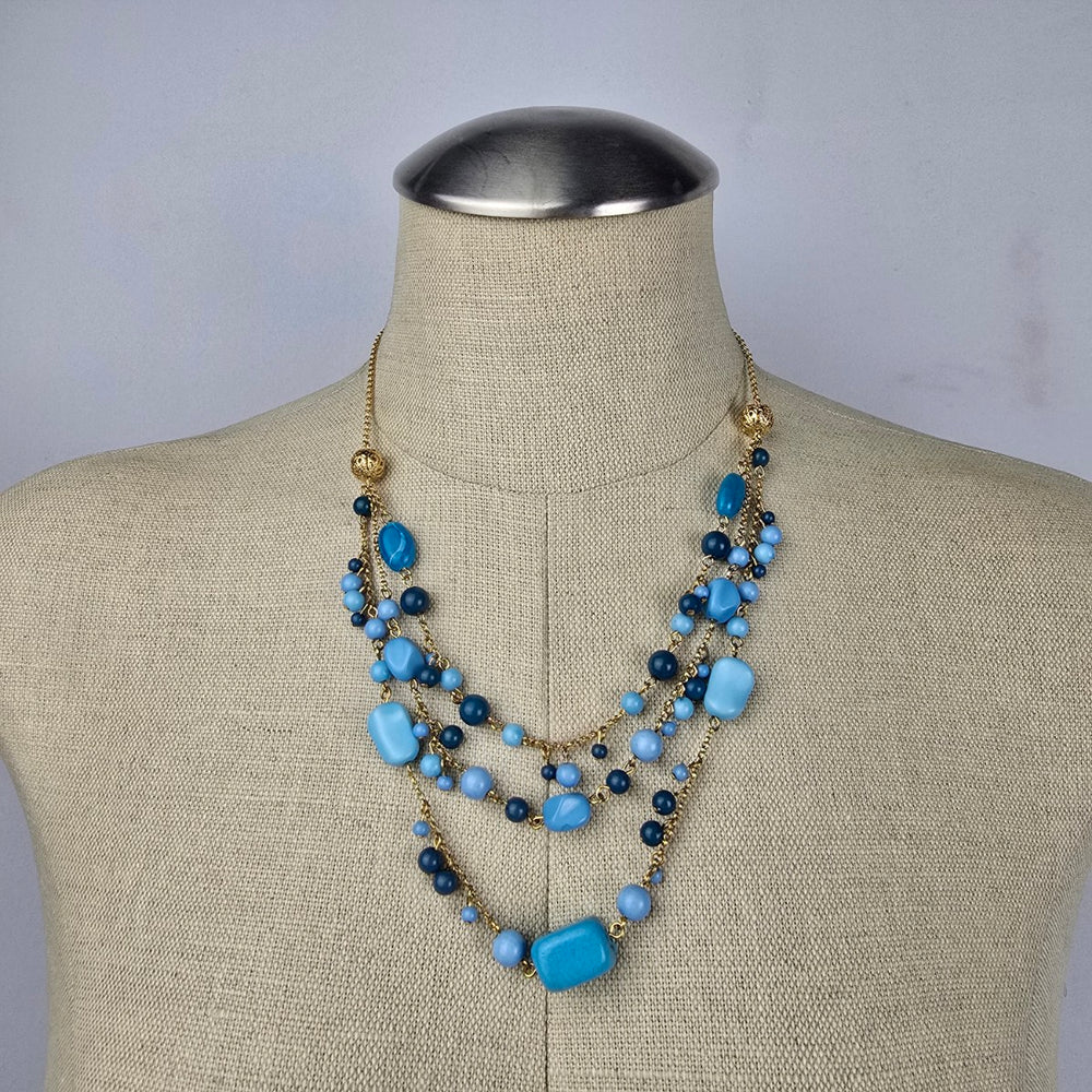Vintage Avon Gold Tone Blue Beaded Layered Necklace & Earring Set