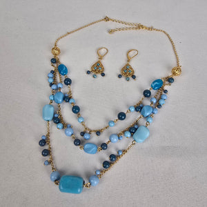 Vintage Avon Gold Tone Blue Beaded Layered Necklace & Earring Set