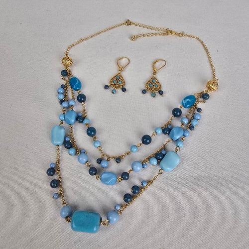 Vintage Avon Gold Tone Blue Beaded Layered Necklace & Earring Set