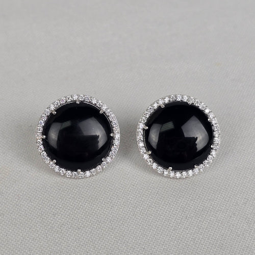 T 925 Black Stone Crystal Stud Earrings