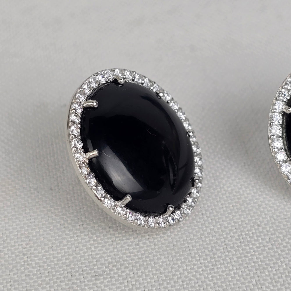 T 925 Black Stone Crystal Stud Earrings