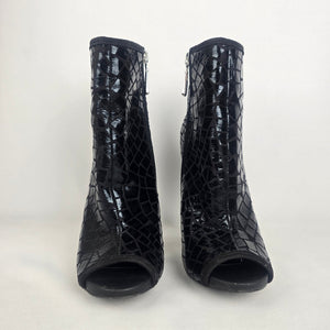 Black Leather Peep Toe Heeled Bootie Size 6