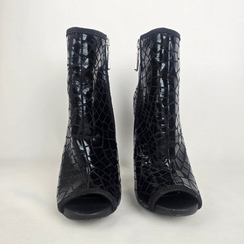 Black Leather Peep Toe Heeled Bootie Size 6