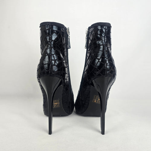 Black Leather Peep Toe Heeled Bootie Size 6