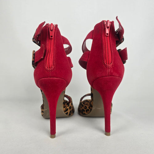 Liliana Red Animal Print Ankle Strap Heeled Shoes Size 5.5