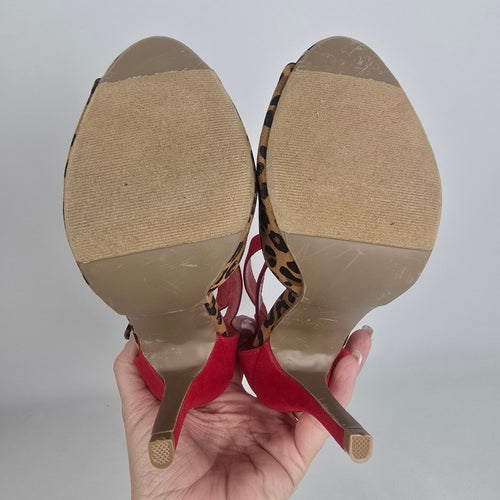 Liliana Red Animal Print Ankle Strap Heeled Shoes Size 5.5